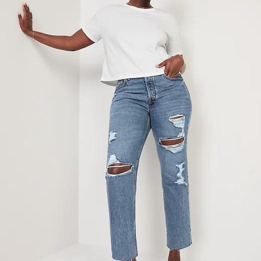 NWT High-Waisted Slouchy Straight Cropped Ripped Jeans for Women